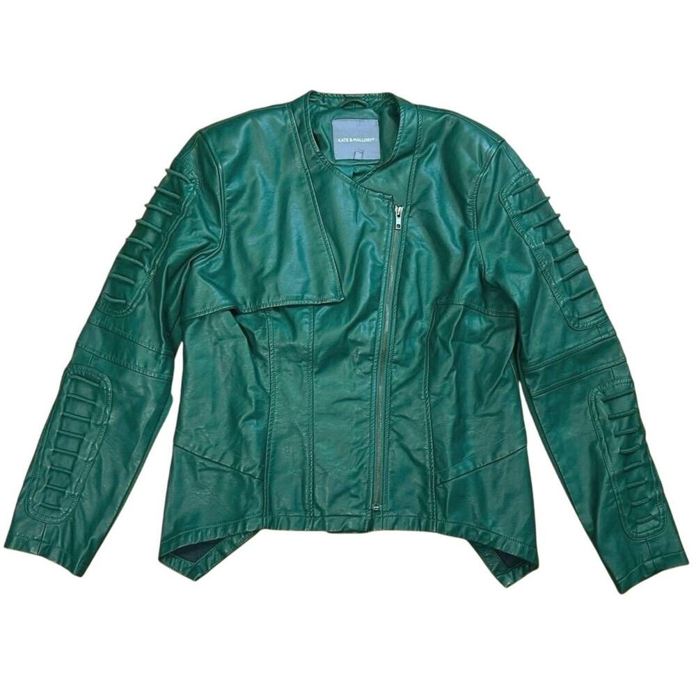 Kate & Mallory Green Faux Leather Moto Jacket Sleeve Details Structured - L